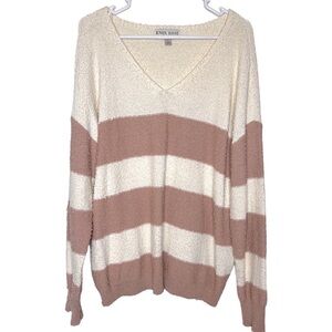 Knox Rose Mauve and off-white Wide Stripe V Neck Knit Sweater